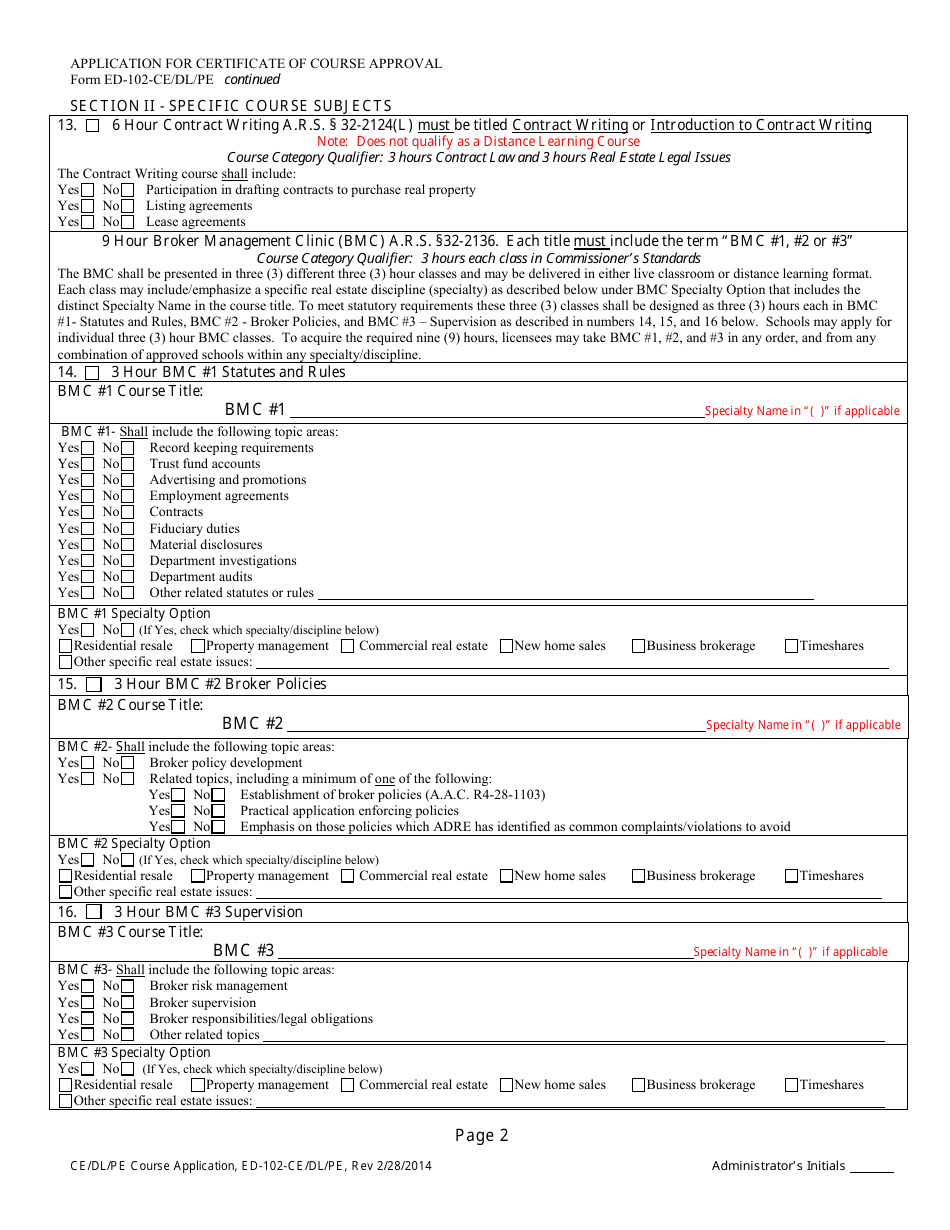 Form ED-102-CE / DL / PE Application for Certificate of Course Approval - Continuing Education / Distance Learning / Prelicense Education - Arizona, Page 4