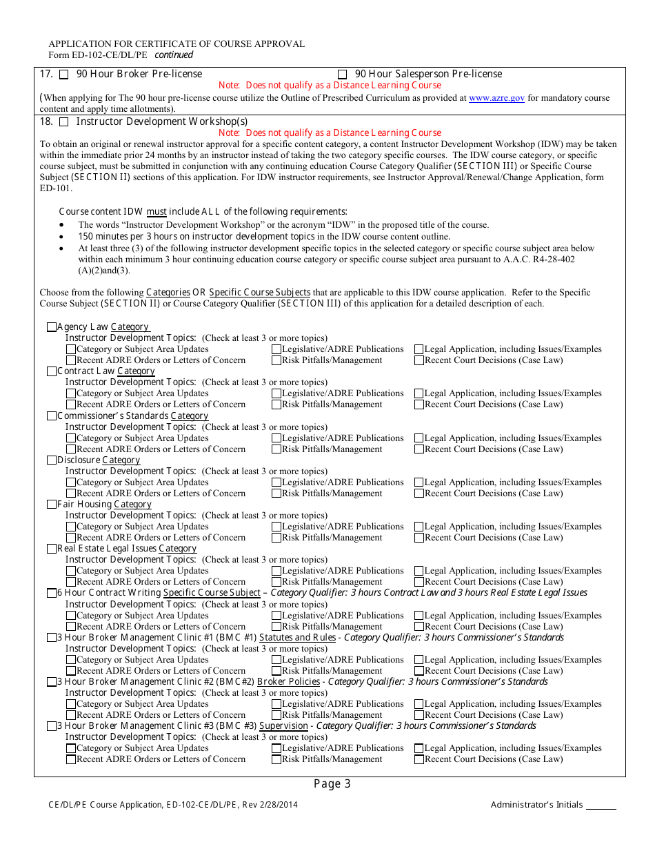 Form ED-102-CE / DL / PE Application for Certificate of Course Approval - Continuing Education / Distance Learning / Prelicense Education - Arizona, Page 5