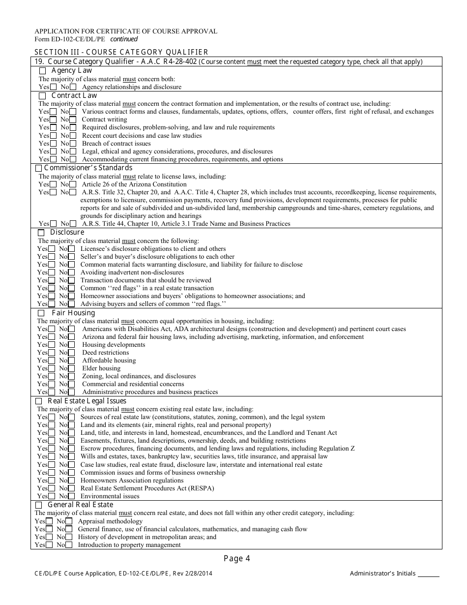 Form ED-102-CE / DL / PE Application for Certificate of Course Approval - Continuing Education / Distance Learning / Prelicense Education - Arizona, Page 6