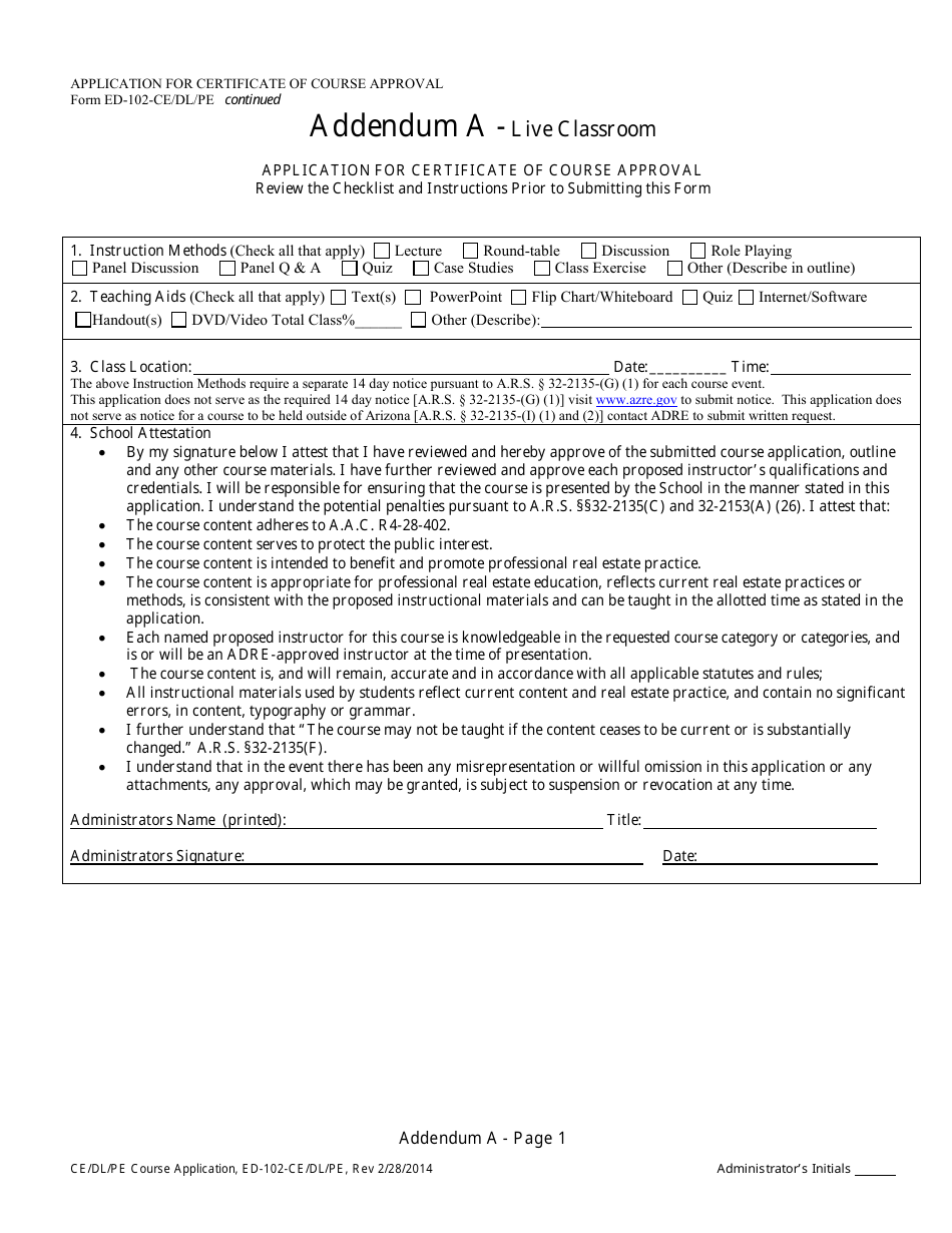 Form ED-102-CE / DL / PE Application for Certificate of Course Approval - Continuing Education / Distance Learning / Prelicense Education - Arizona, Page 8