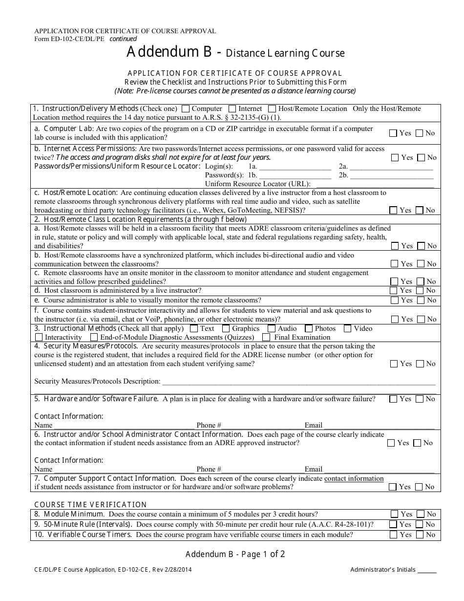 Form ED-102-CE / DL / PE Application for Certificate of Course Approval - Continuing Education / Distance Learning / Prelicense Education - Arizona, Page 9