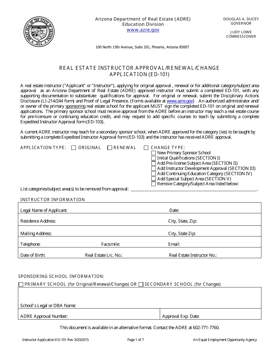 Form ED-101 Real Estate Instructor Approval / Renewal / Change Application - Arizona, Page 1
