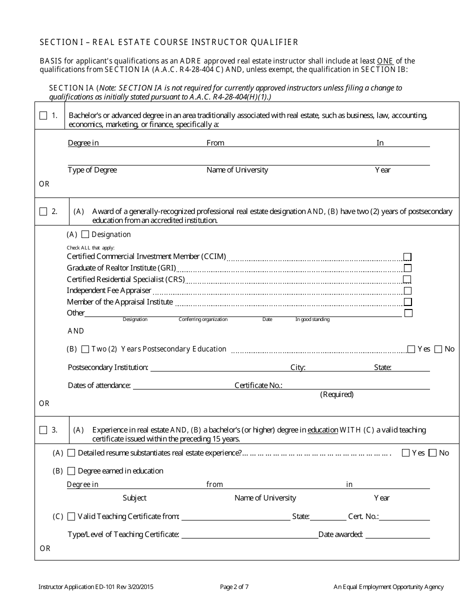 Form ED-101 Real Estate Instructor Approval / Renewal / Change Application - Arizona, Page 2