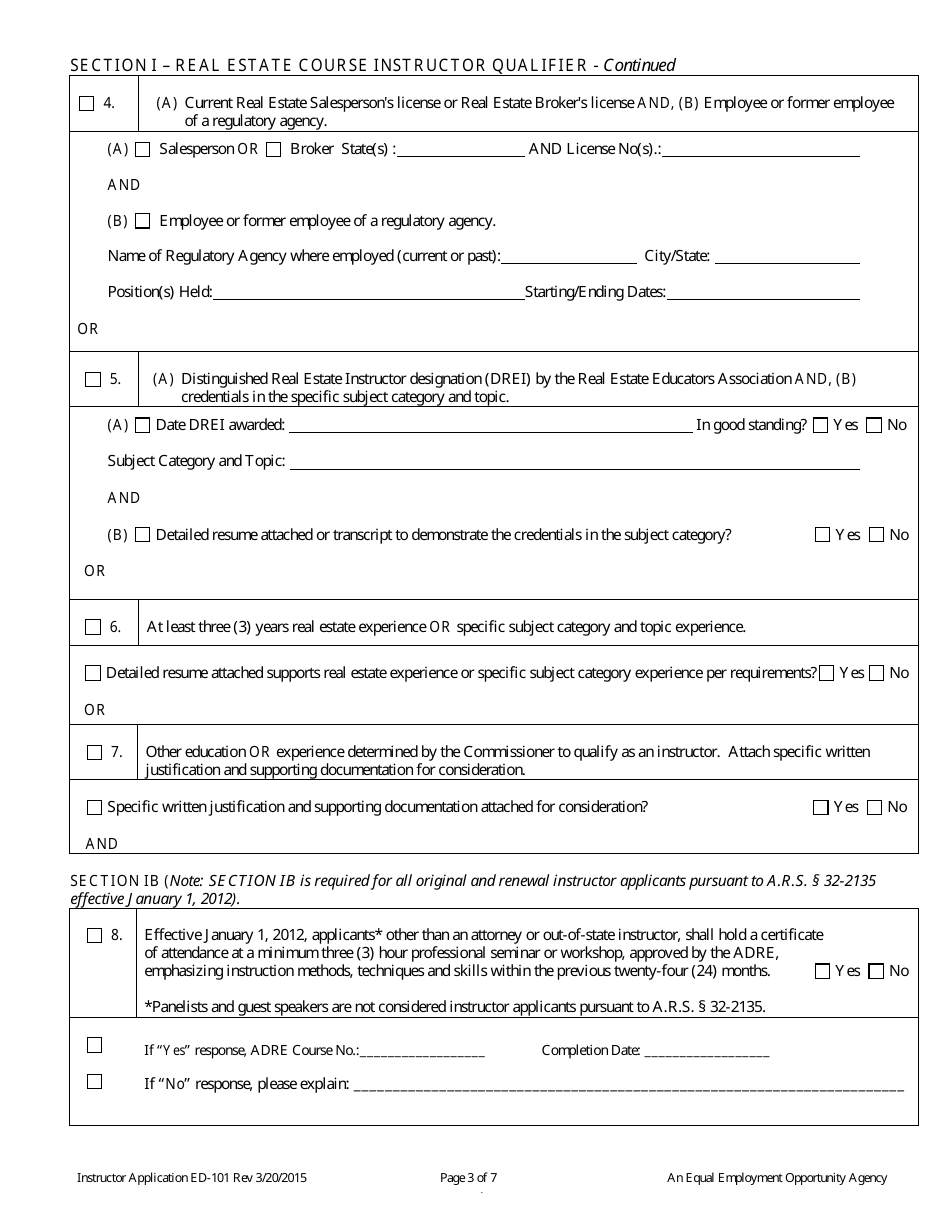 Form ED-101 Real Estate Instructor Approval / Renewal / Change Application - Arizona, Page 3