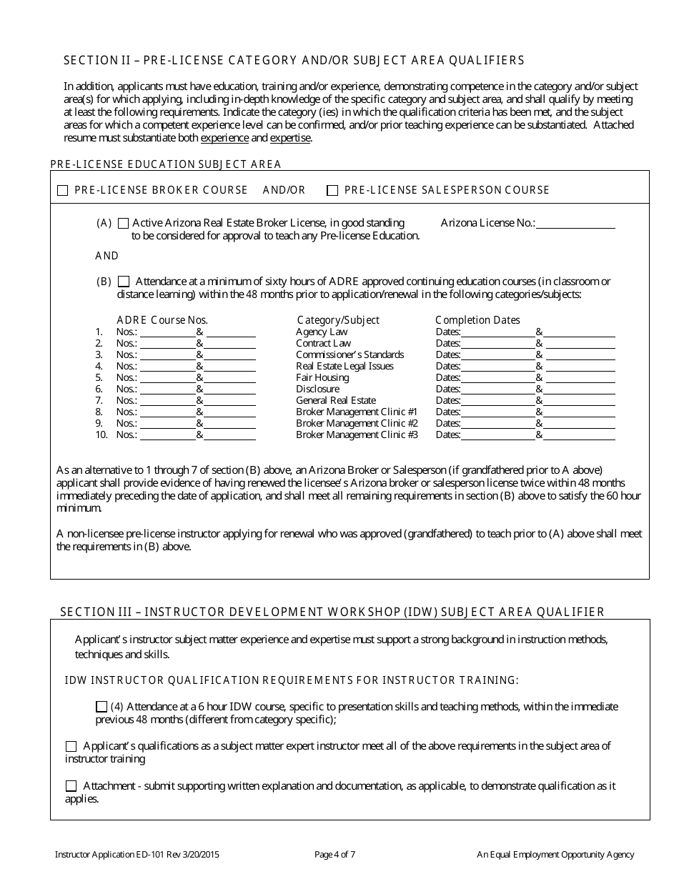 Form ED-101 Real Estate Instructor Approval / Renewal / Change Application - Arizona, Page 4