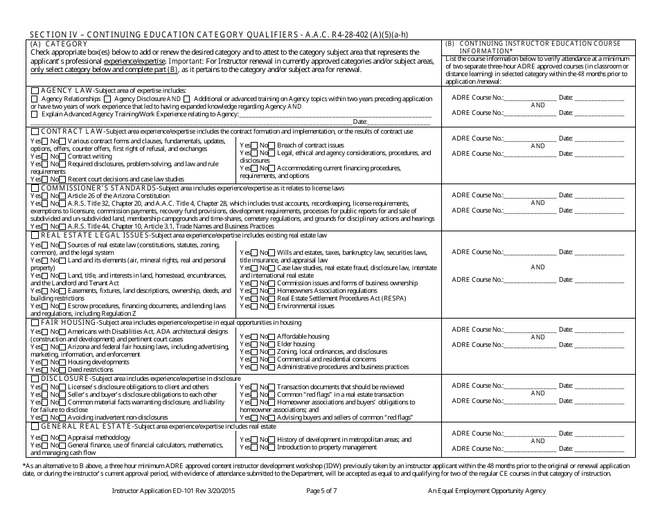 Form ED-101 Real Estate Instructor Approval / Renewal / Change Application - Arizona, Page 5
