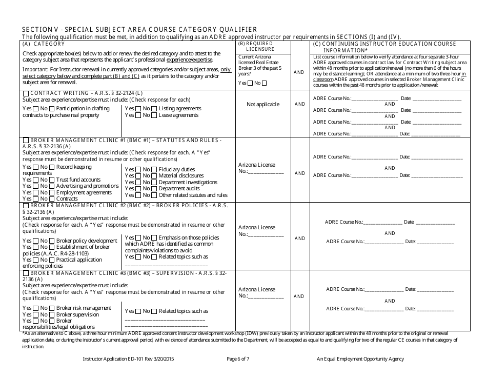 Form ED-101 Real Estate Instructor Approval / Renewal / Change Application - Arizona, Page 6