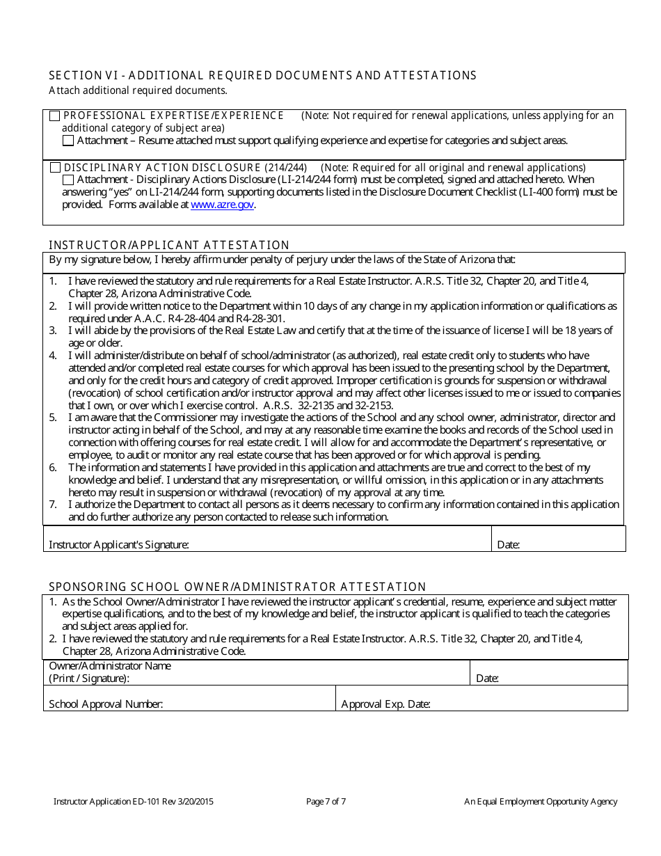 Form ED-101 Real Estate Instructor Approval / Renewal / Change Application - Arizona, Page 7