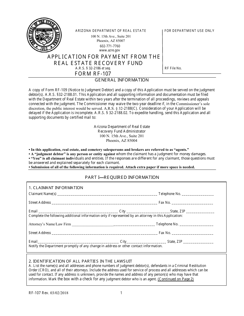 Form RF-107 Application for Payment From the Arizona Real Estate Recovery Fund - Arizona, Page 1