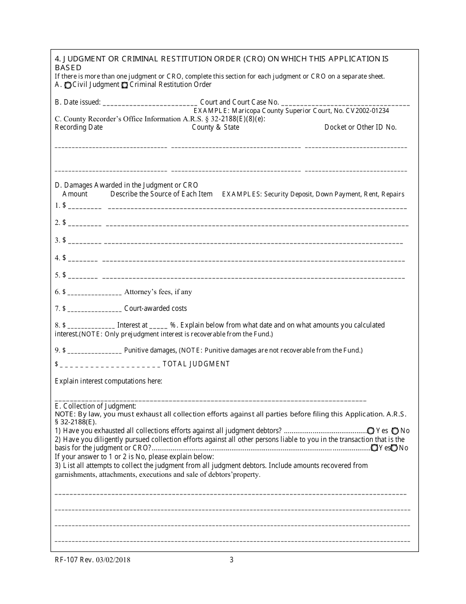 Form RF-107 Application for Payment From the Arizona Real Estate Recovery Fund - Arizona, Page 3