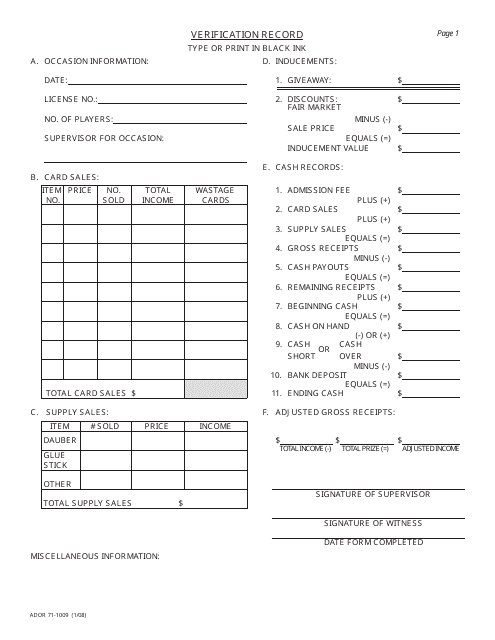 Form ADOR71-1009 Bingo Verification Record - Arizona