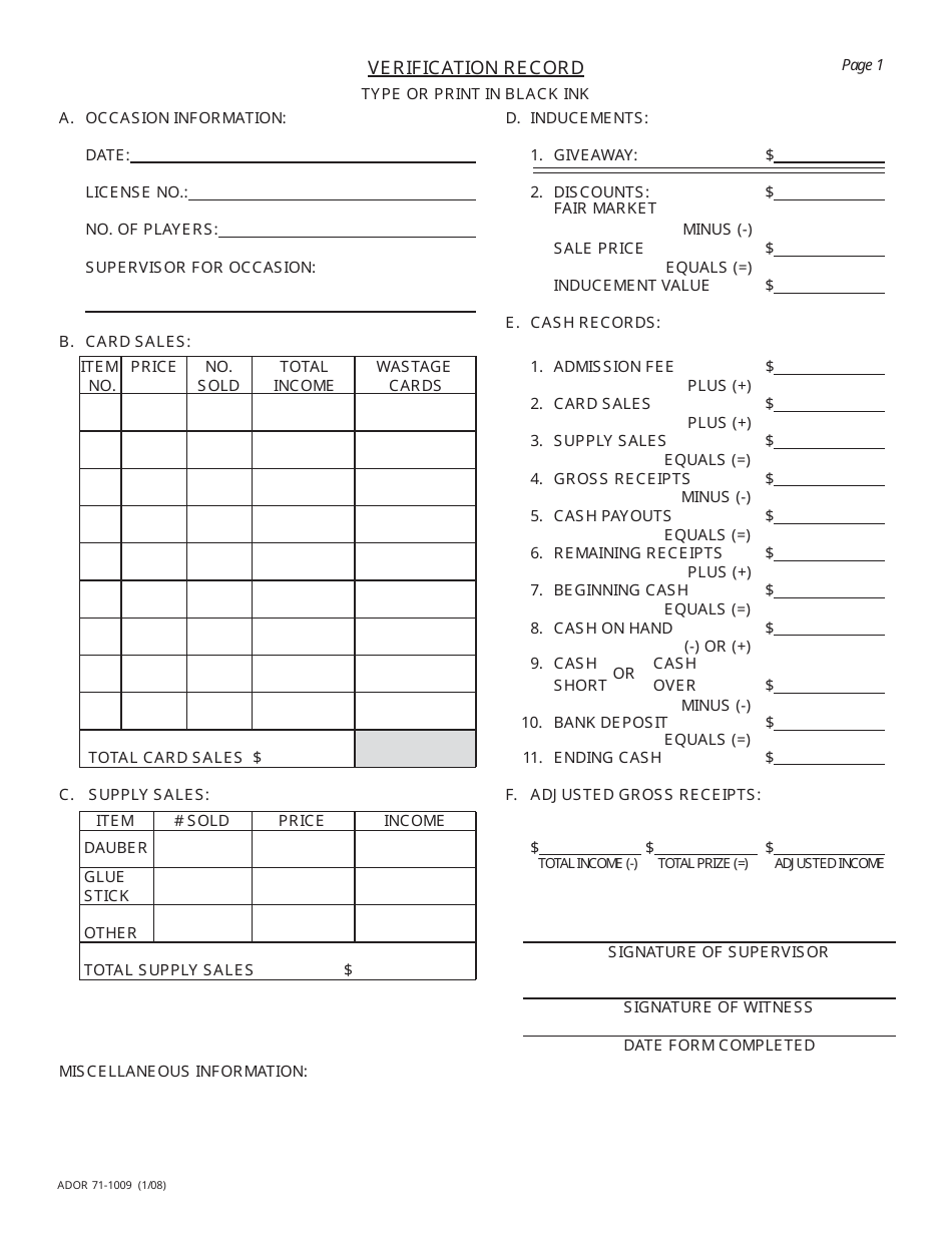 Form ADOR71-1009 Bingo Verification Record - Arizona, Page 1