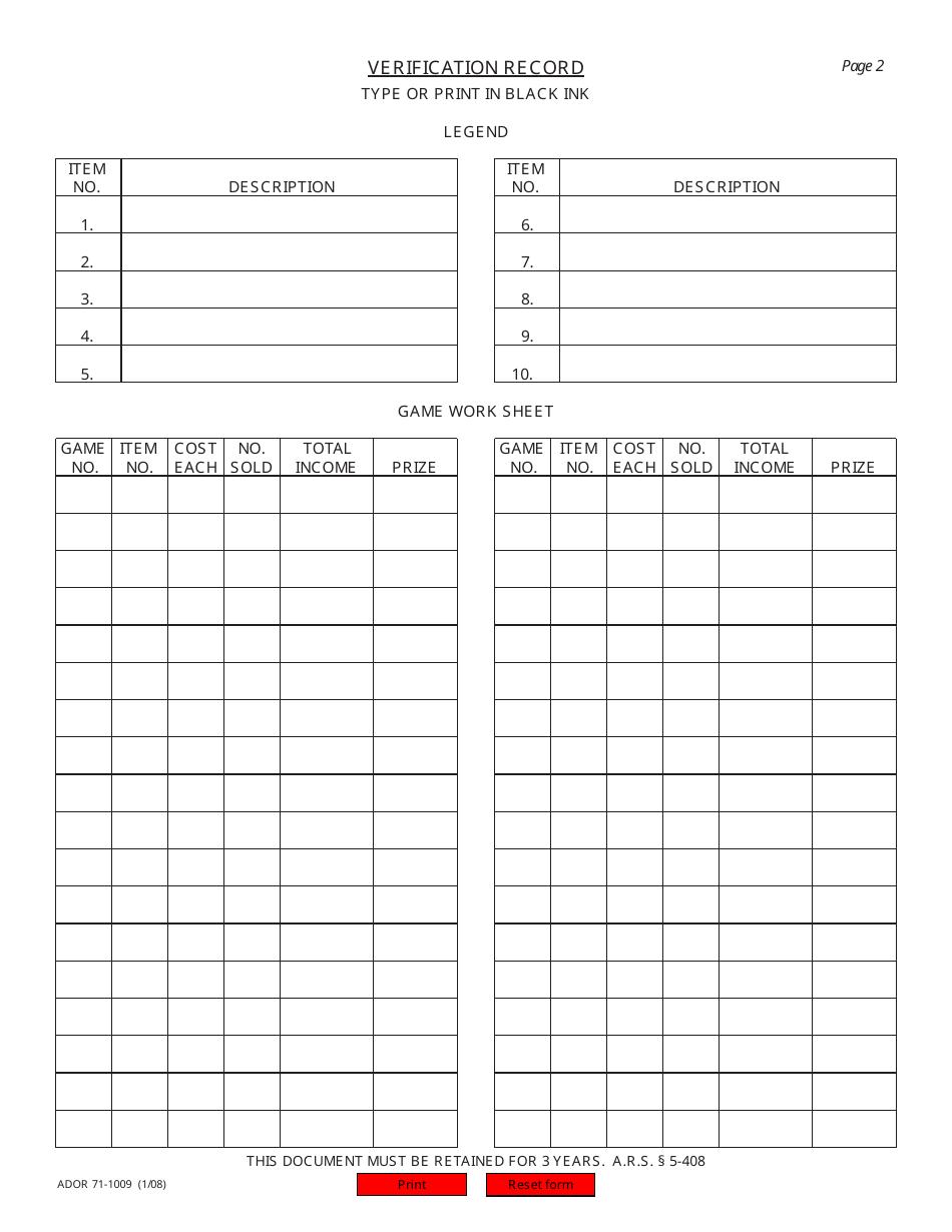 Form ADOR71-1009 Bingo Verification Record - Arizona, Page 2