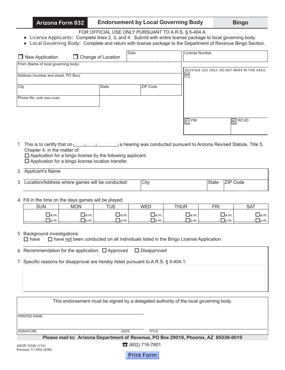 Arizona Form 832 (ADOR10326) - Fill Out, Sign Online and Download ...