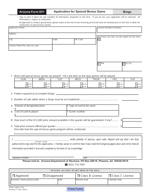 Arizona Form 831 (ADOR10600) Application for Special Bonus Game - Arizona