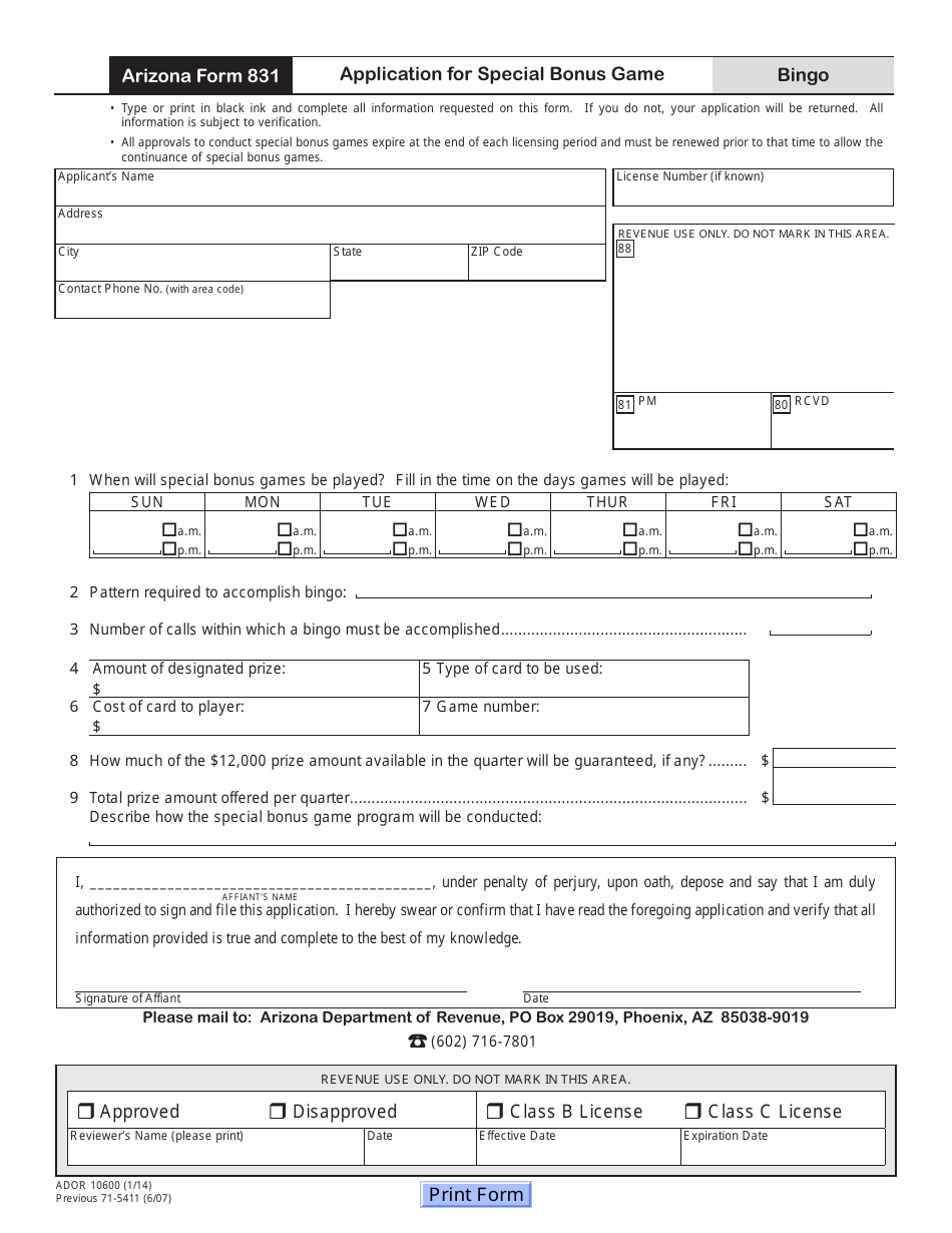 Arizona Form 831 (ADOR10600) Application for Special Bonus Game - Arizona, Page 1
