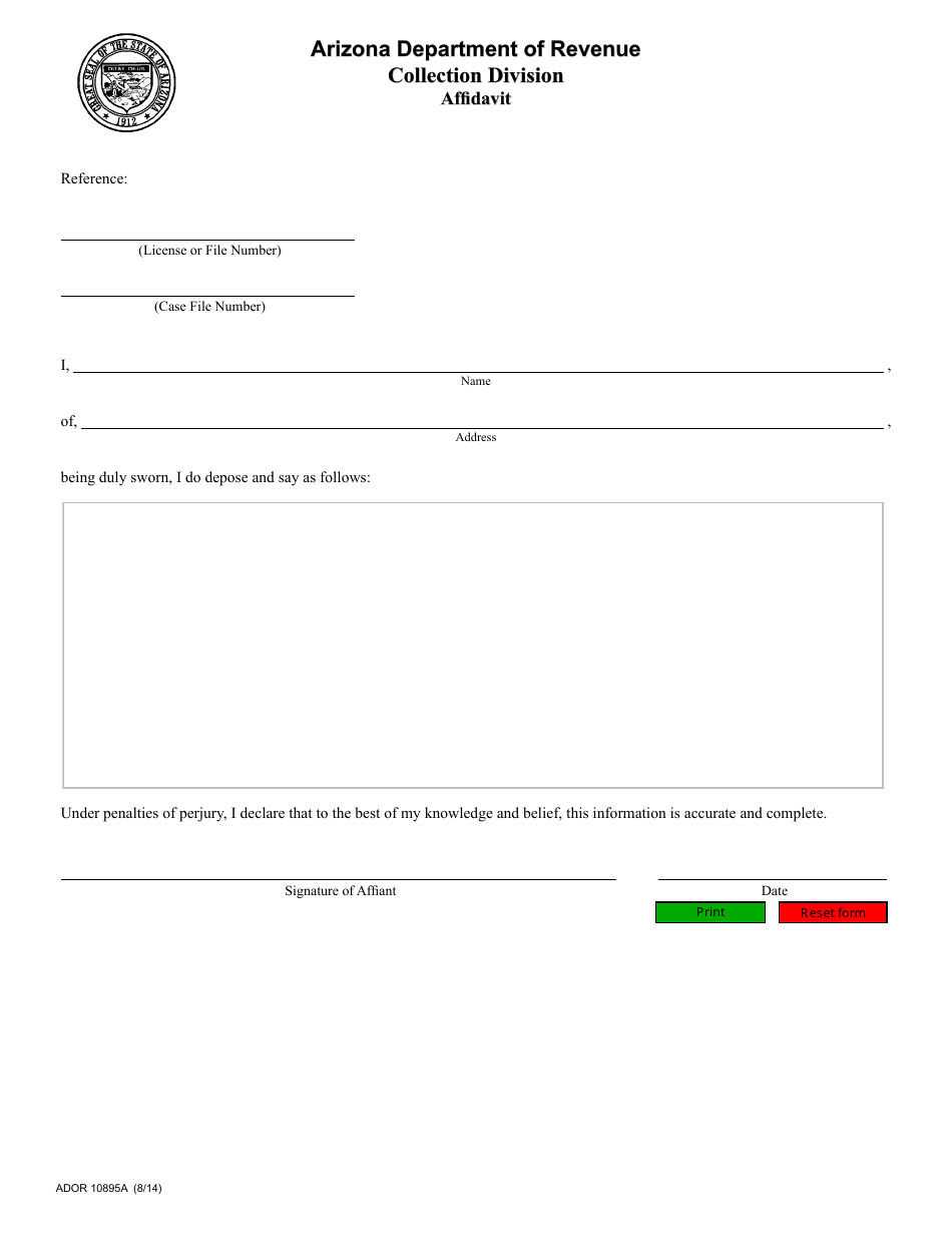 Form ADOR10895A Collection Division Affidavit Without Notary - Arizona, Page 1
