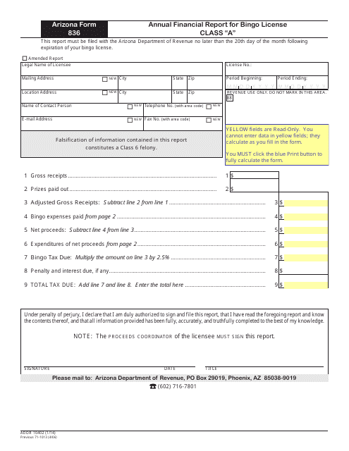 Arizona Form 836 (ADOR10402) Annual Financial Report for Bingo License Class "a" - Arizona