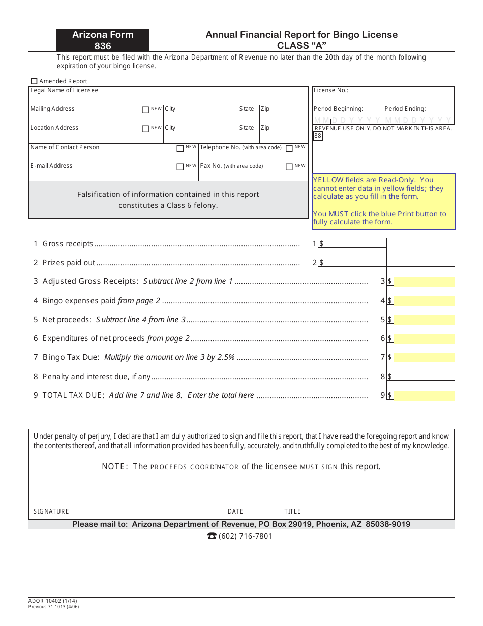 Arizona Form 836 (ADOR10402) Annual Financial Report for Bingo License Class a - Arizona, Page 1