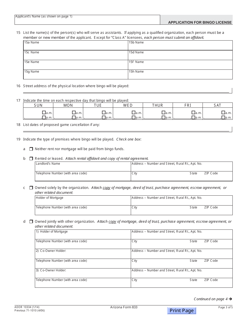 Arizona Form 833 (ADOR10334) Application for Bingo License - Arizona, Page 3