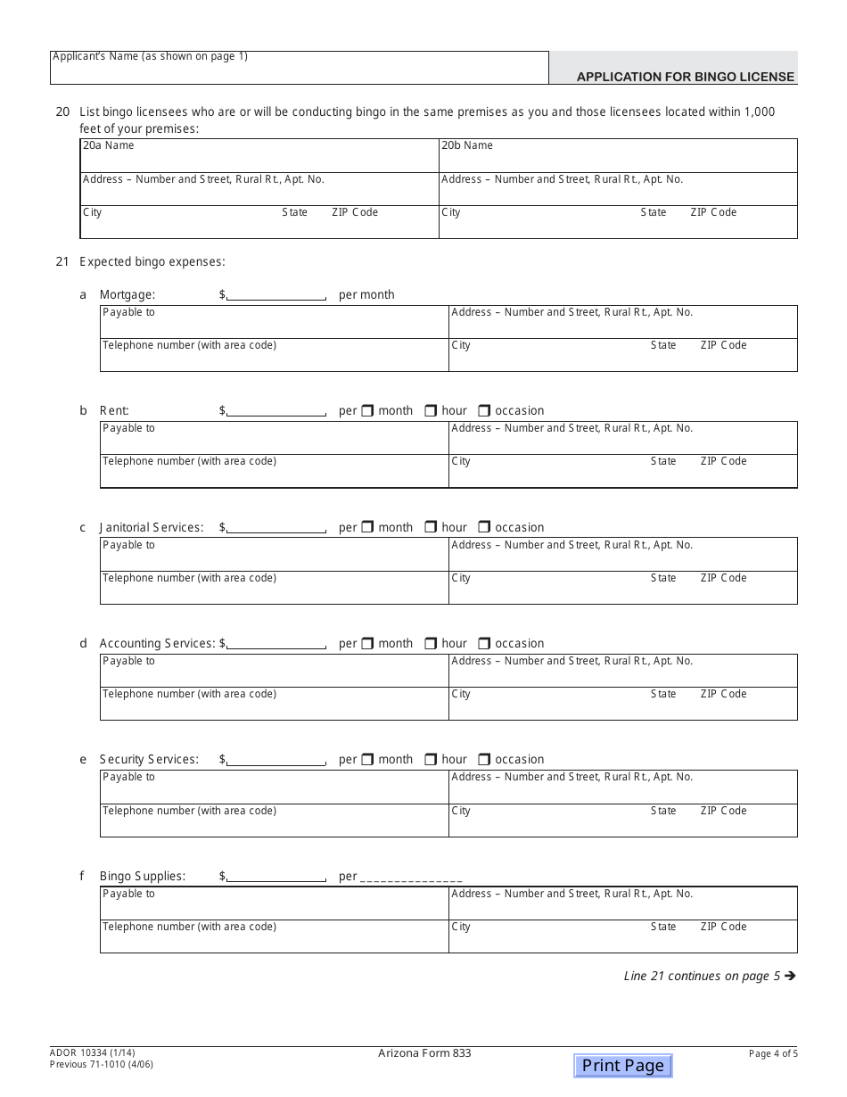 Arizona Form 833 (ADOR10334) Application for Bingo License - Arizona, Page 4