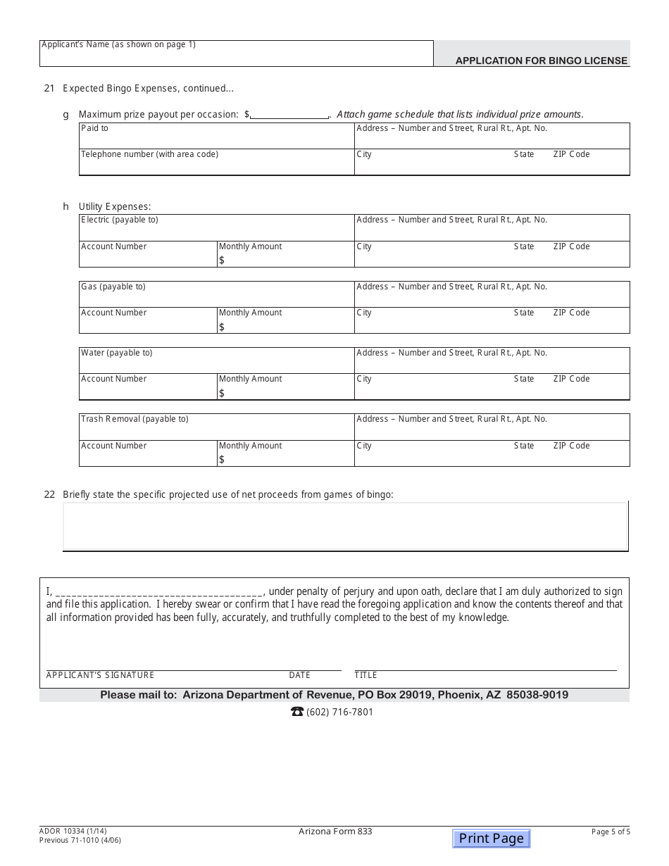 Arizona Form 833 (ADOR10334) Application for Bingo License - Arizona, Page 5