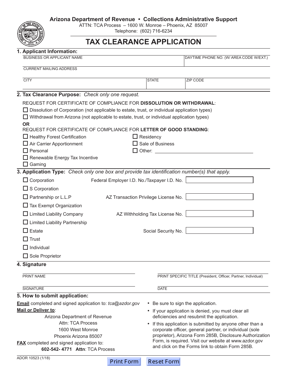 Form ADOR10523 Tax Clearance Application - Arizona, Page 2