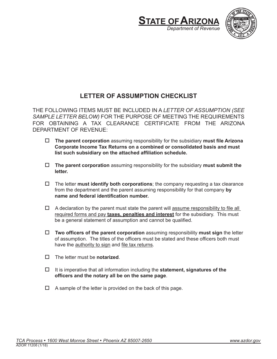 Form ADOR11206 Letter of Assumption - Sample - Arizona, Page 1