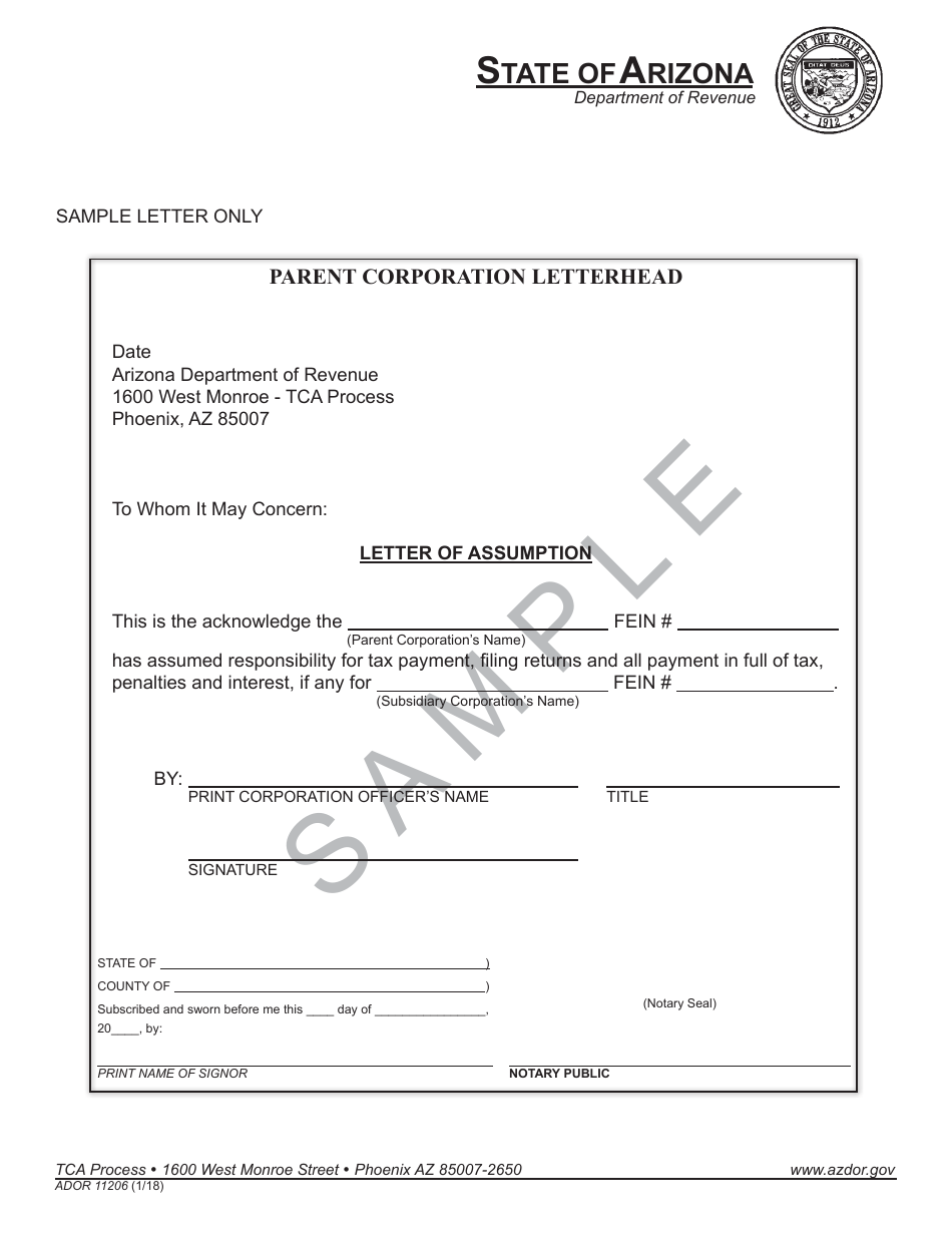 Form ADOR11206 Letter of Assumption - Sample - Arizona, Page 2