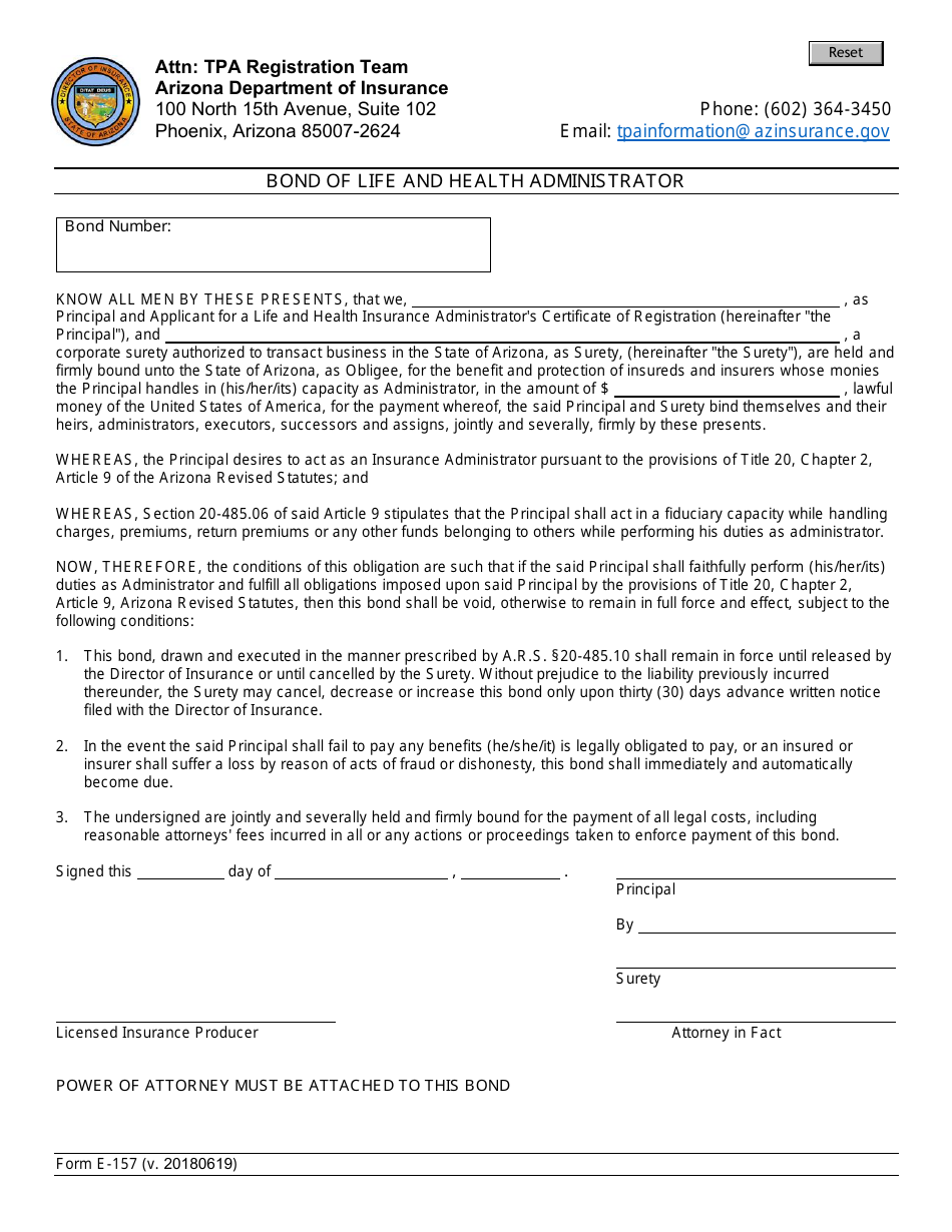 Form E-157 Bond of Life and Health Administrator - Arizona, Page 1