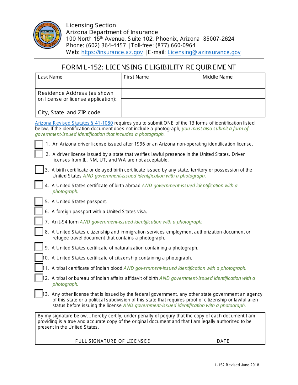 Form L-152 Licensing Eligibility Requirement - Arizona, Page 1