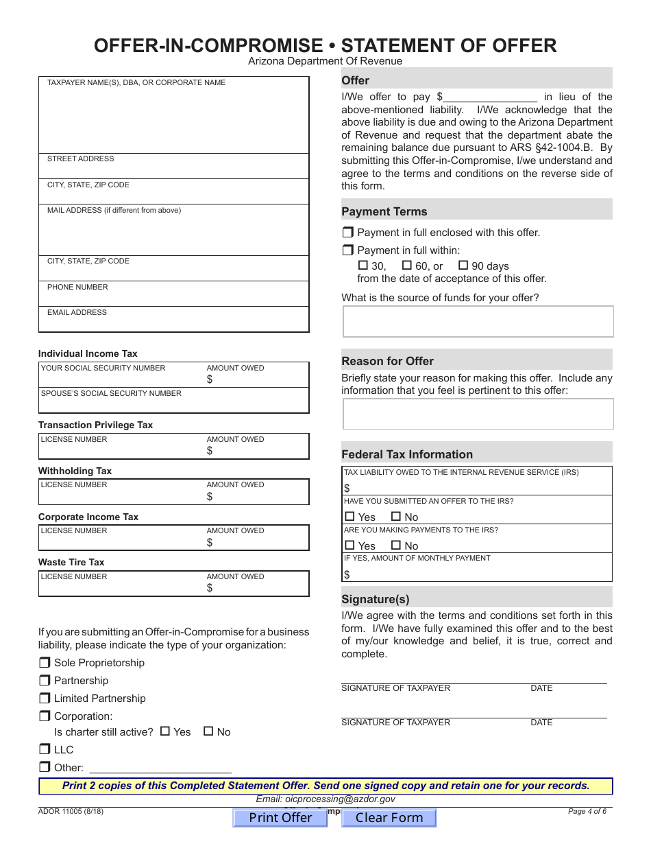 Form ADOR11005 Offer-In-compromise - Arizona, Page 4