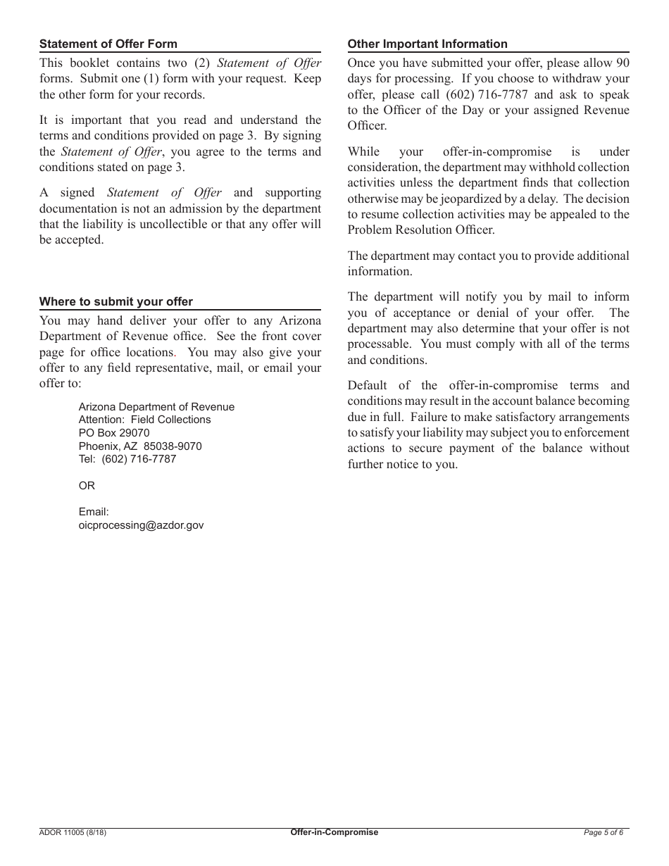 Form ADOR11005 Offer-In-compromise - Arizona, Page 5