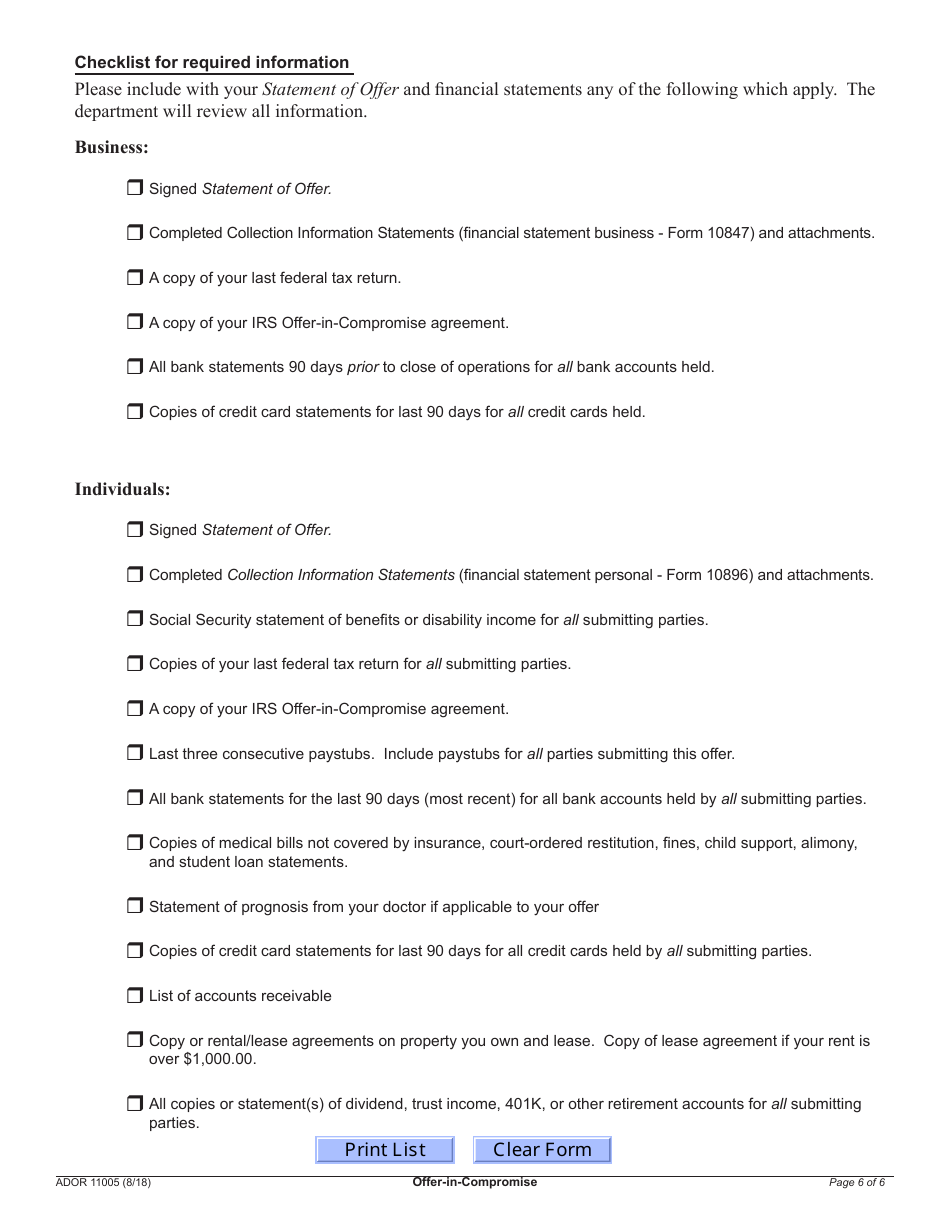 Form ADOR11005 Offer-In-compromise - Arizona, Page 6