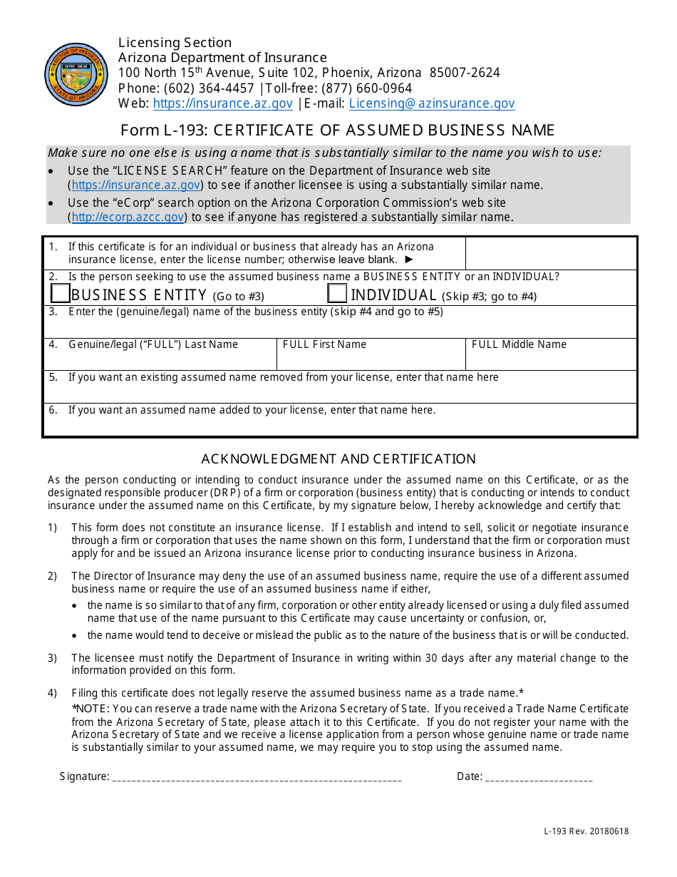 Form L-193 Certificate of Assumed Business Name - Arizona, Page 1