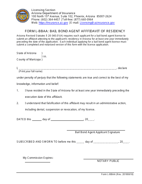 Form L-BBAA Bail Bond Agent Afffidavit of Residency - Arizona