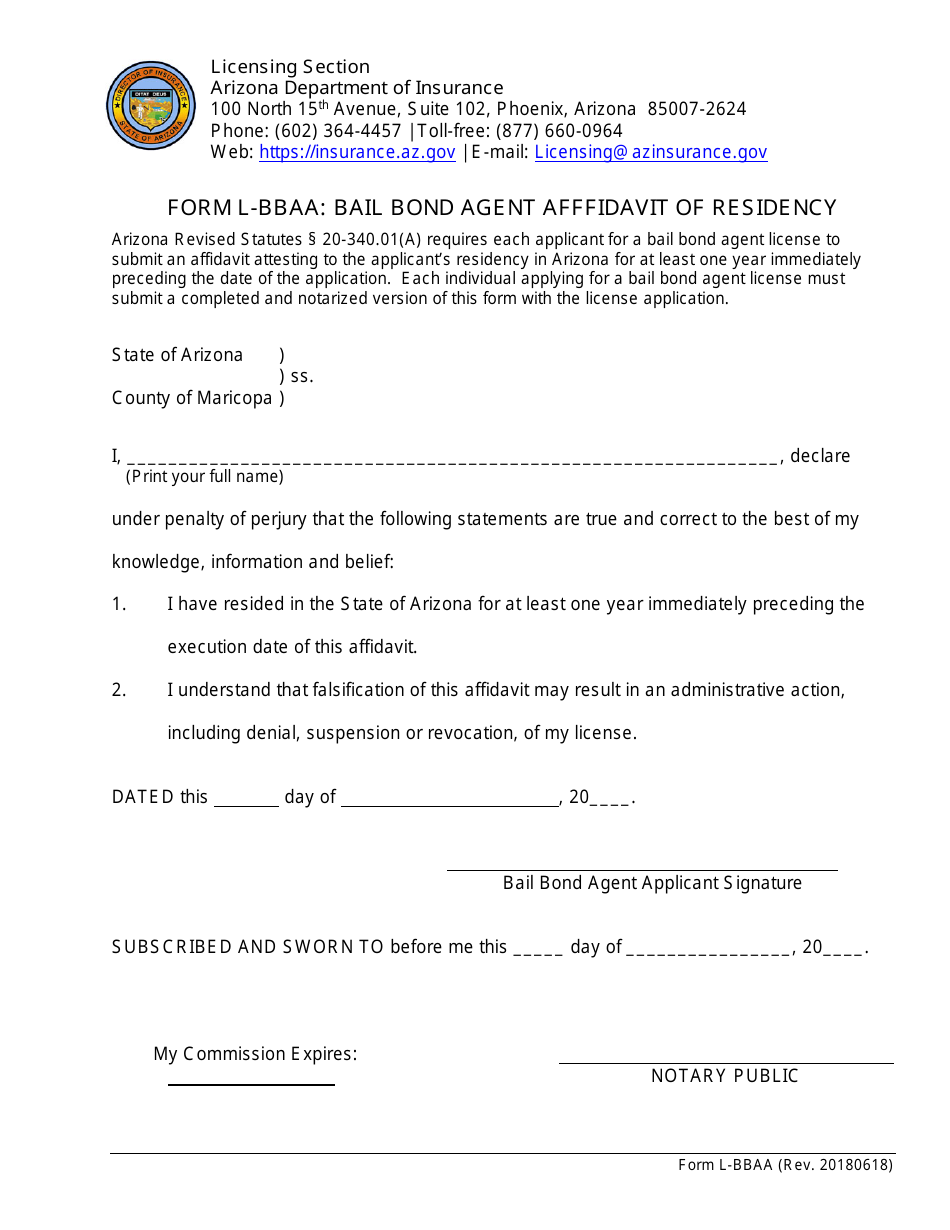 Form L-BBAA Bail Bond Agent Afffidavit of Residency - Arizona, Page 1