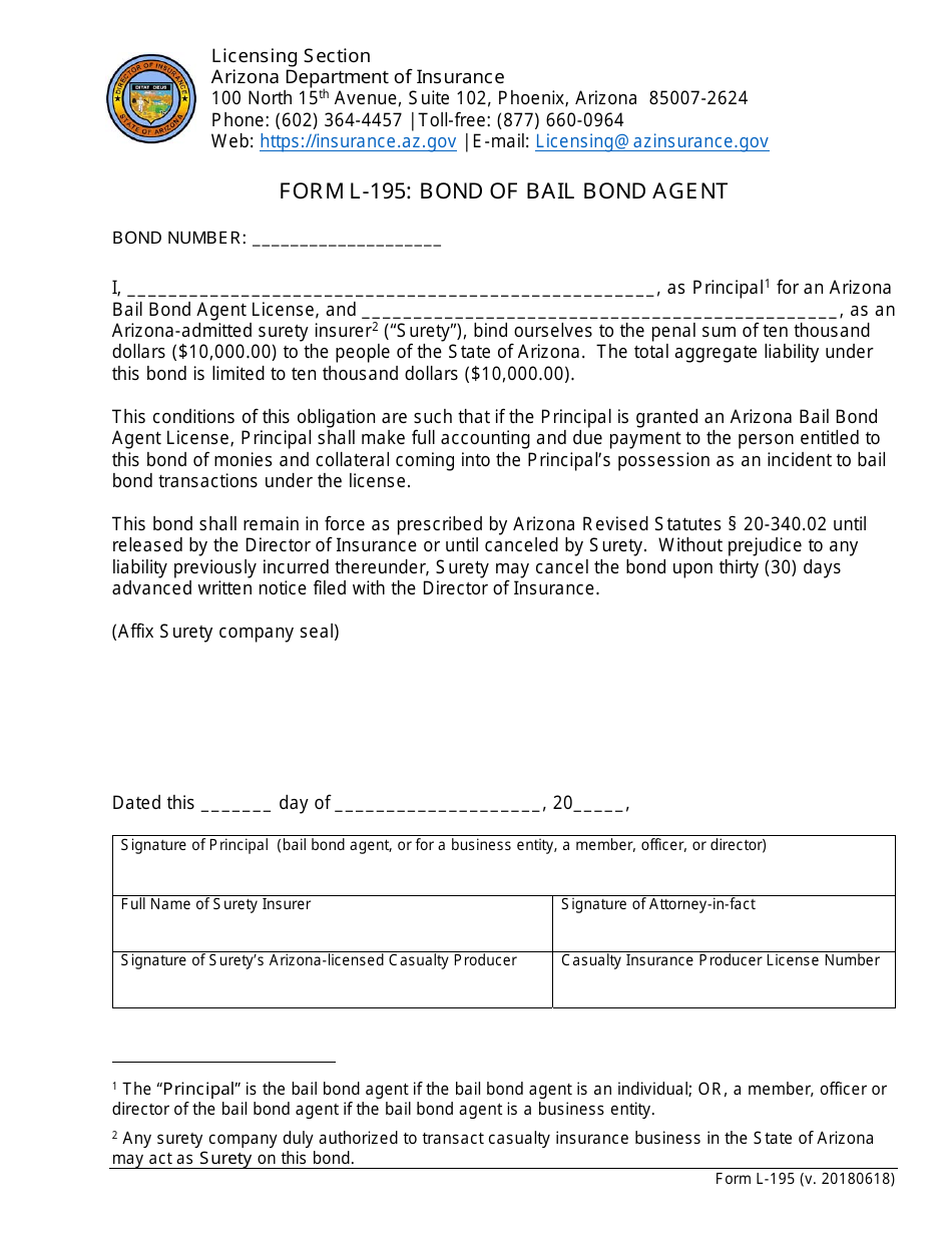 Form L-195 Bond of Bail Bond Agent - Arizona, Page 1