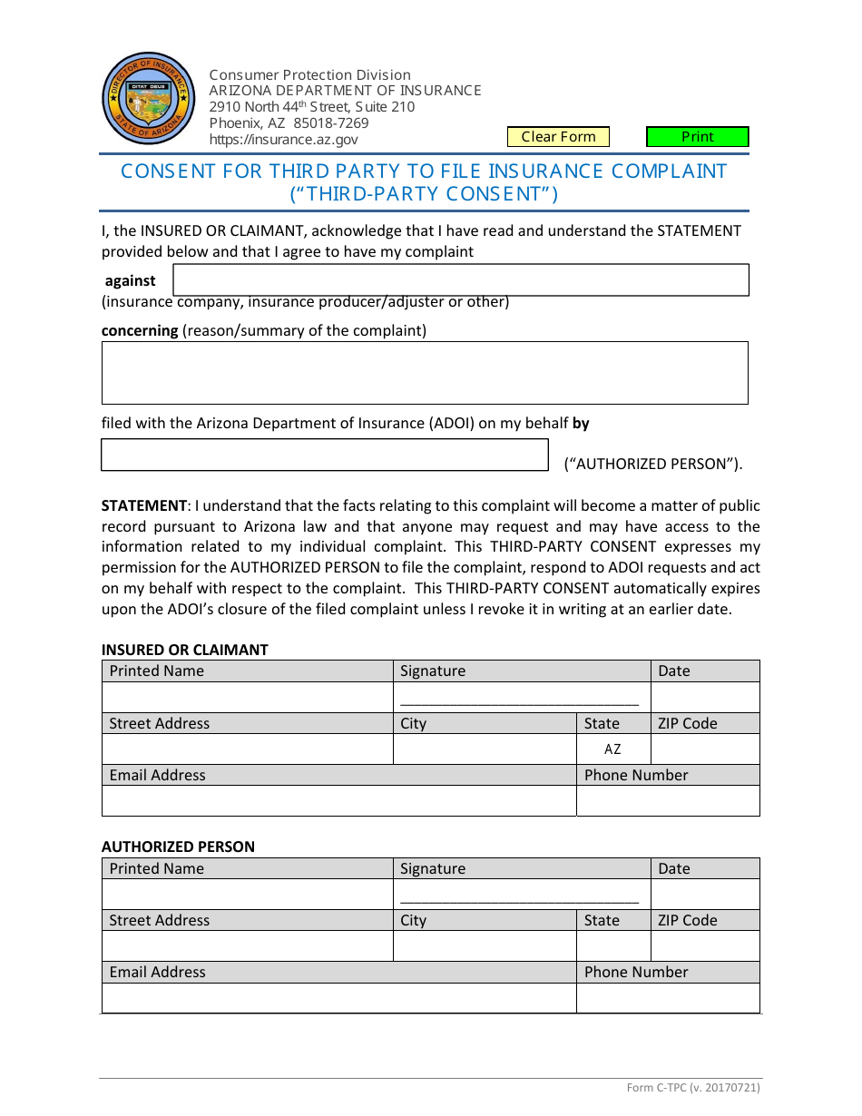 Form C-TPC Consent for Third Party to File Insurance Complaint (third-Party Consent) - Arizona, Page 1