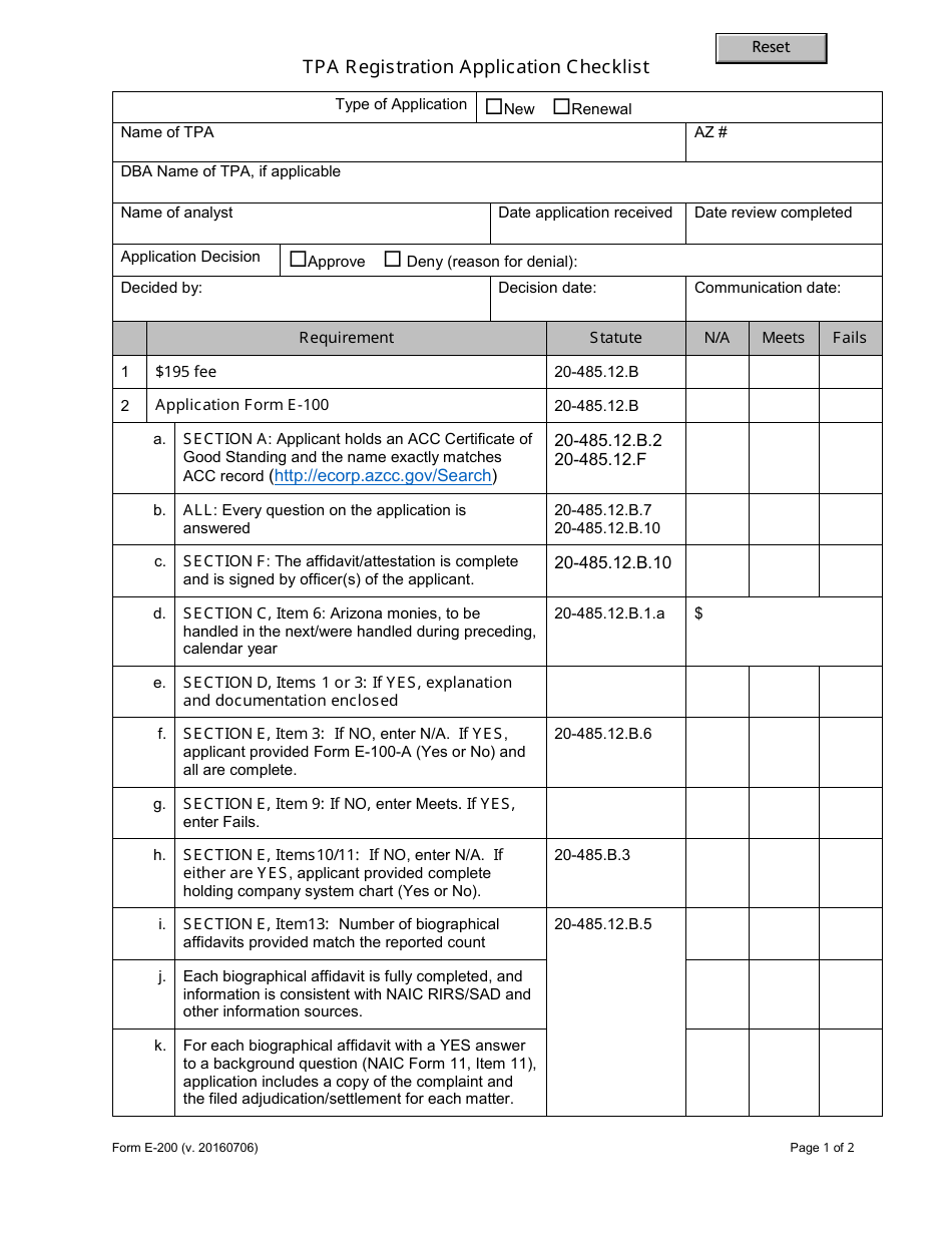 Form E-200 Tpa Registration Application Checklist - Arizona, Page 1