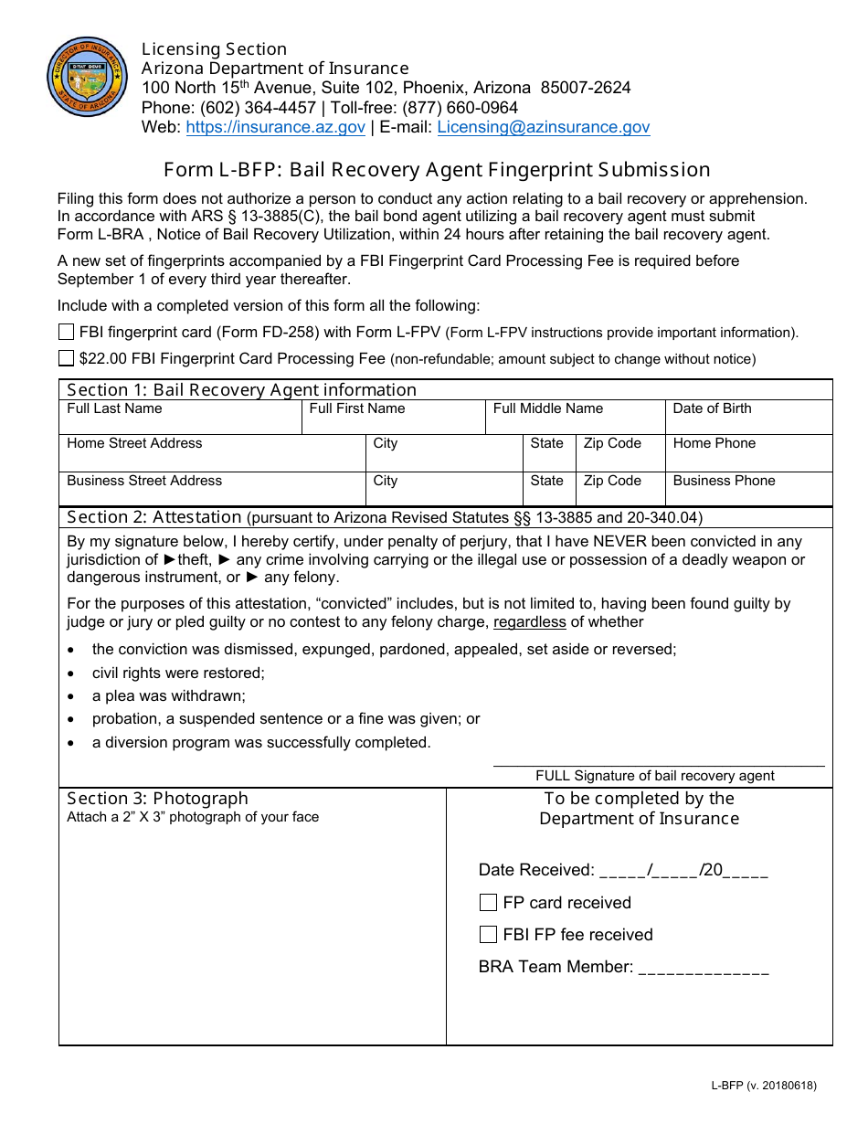 Form L-BFP Bail Recovery Agent Fingerprint Submission - Arizona, Page 1