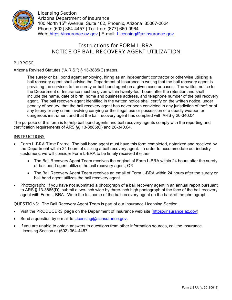 Form L-BRA Notice of Bail Recovery Agent Utilization - Arizona, Page 1
