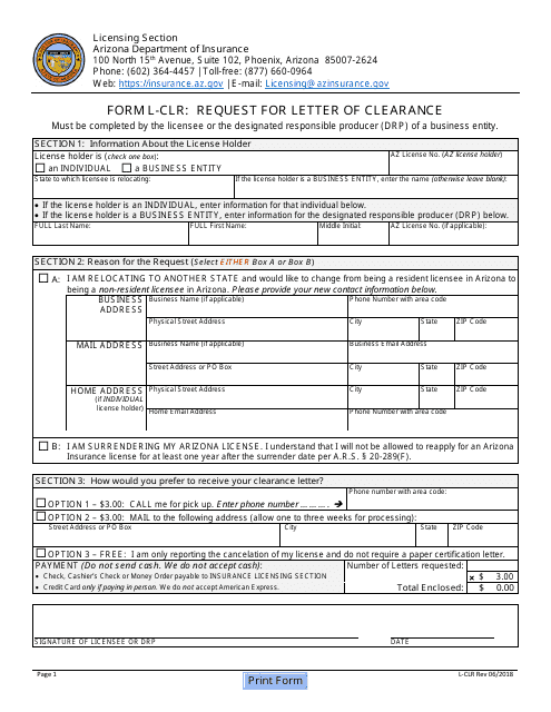 Form L-CLR Request for Letter of Clearance - Arizona