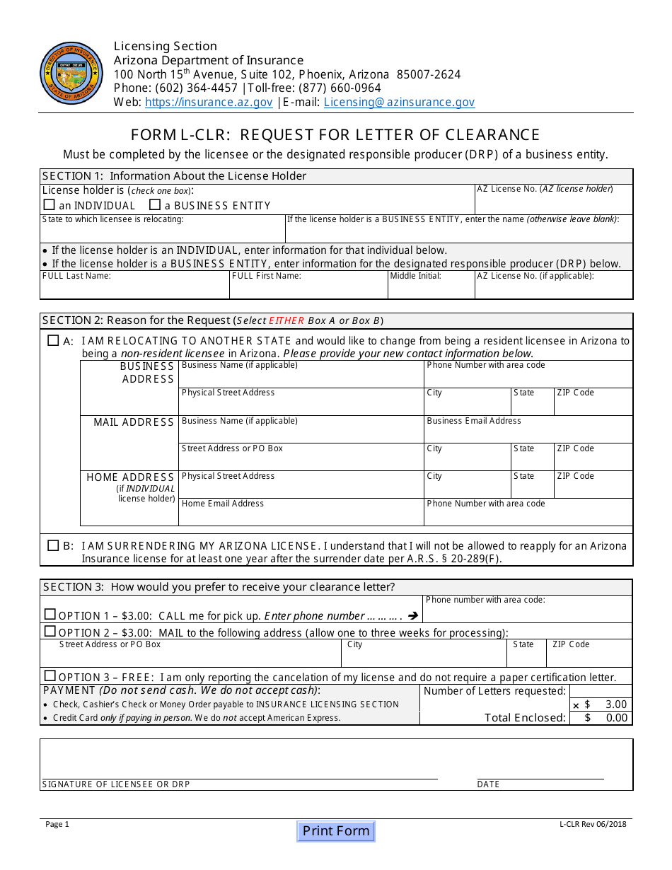 Form L-CLR Request for Letter of Clearance - Arizona, Page 1