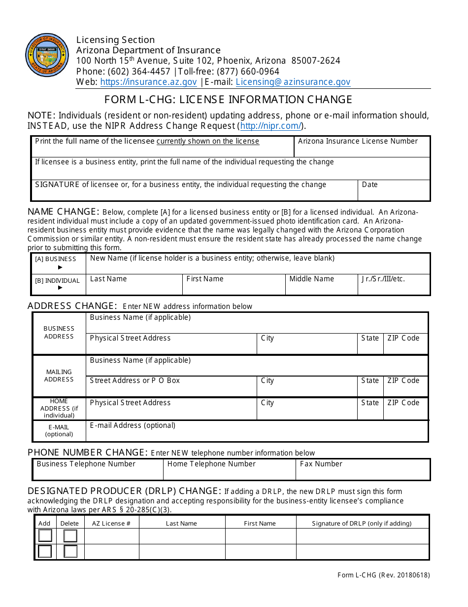 Form L-CHG License Information Change - Arizona, Page 1