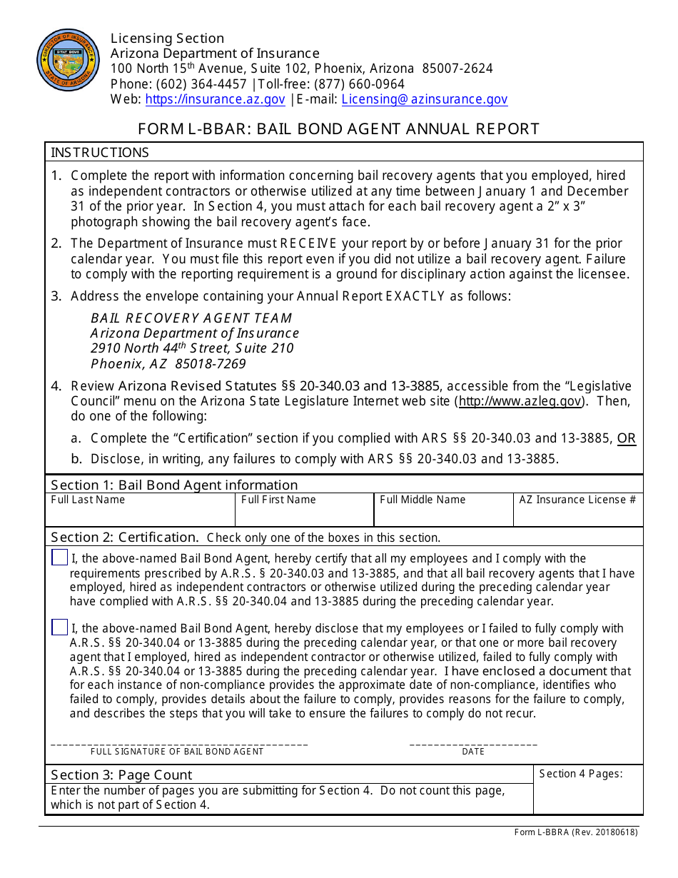Form L-BBAR Bail Bond Agent Annual Report - Arizona, Page 1