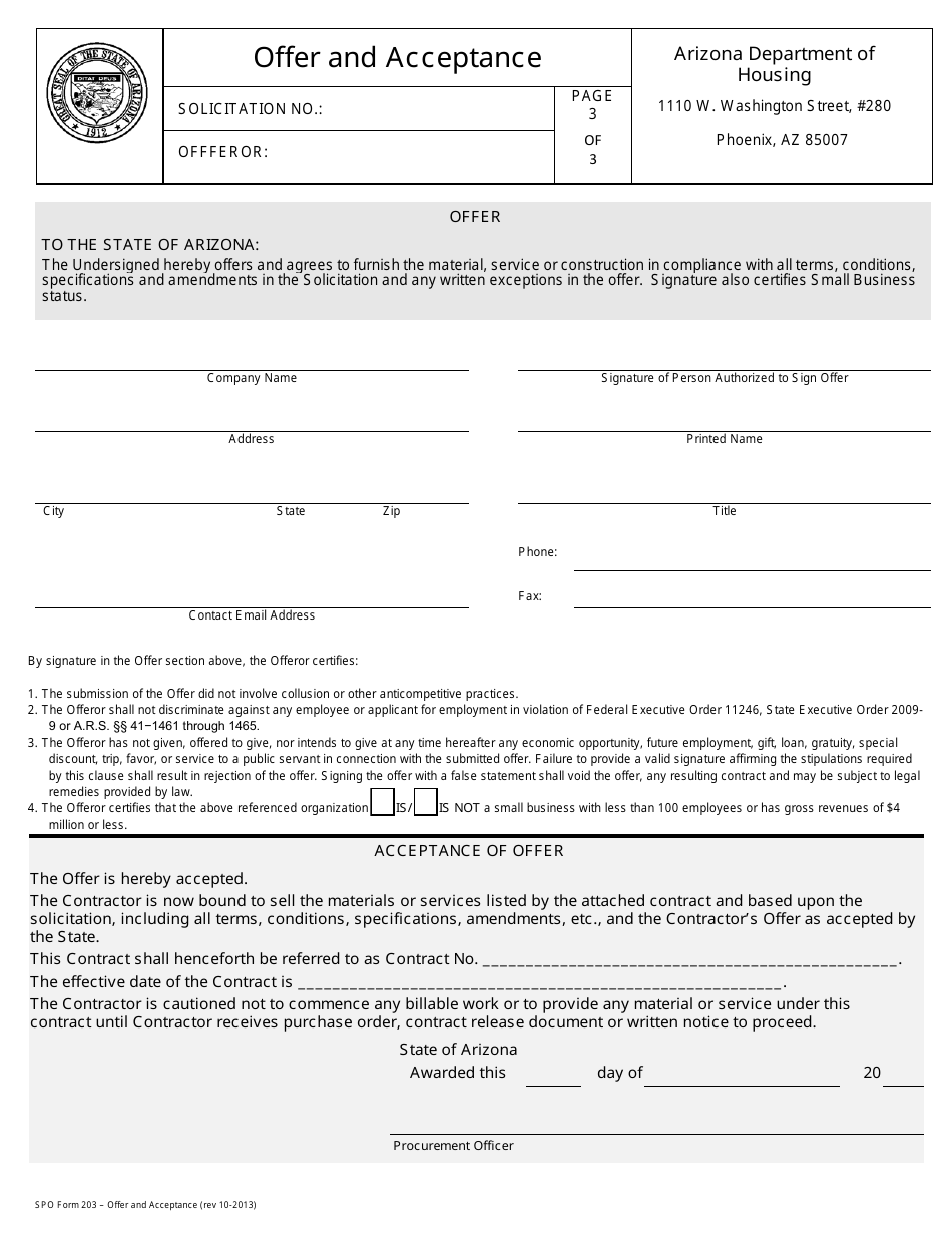 SPO Form 203 Offer and Acceptance - Arizona, Page 1