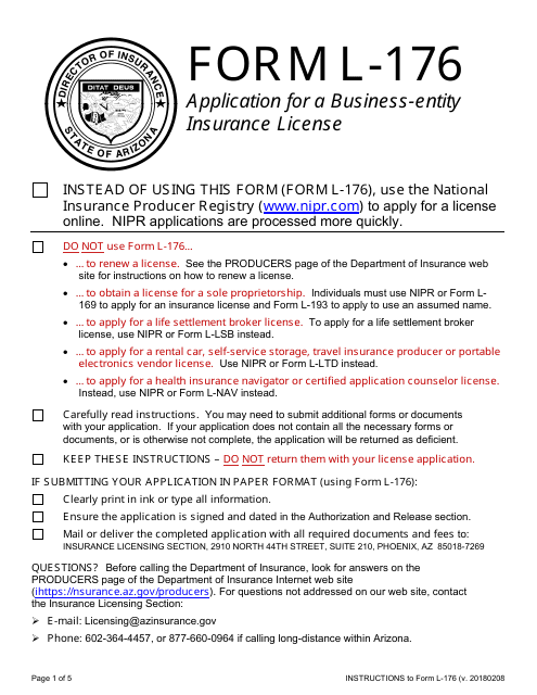 Form L-176 Application for a Business-Entity Insurance License - Arizona