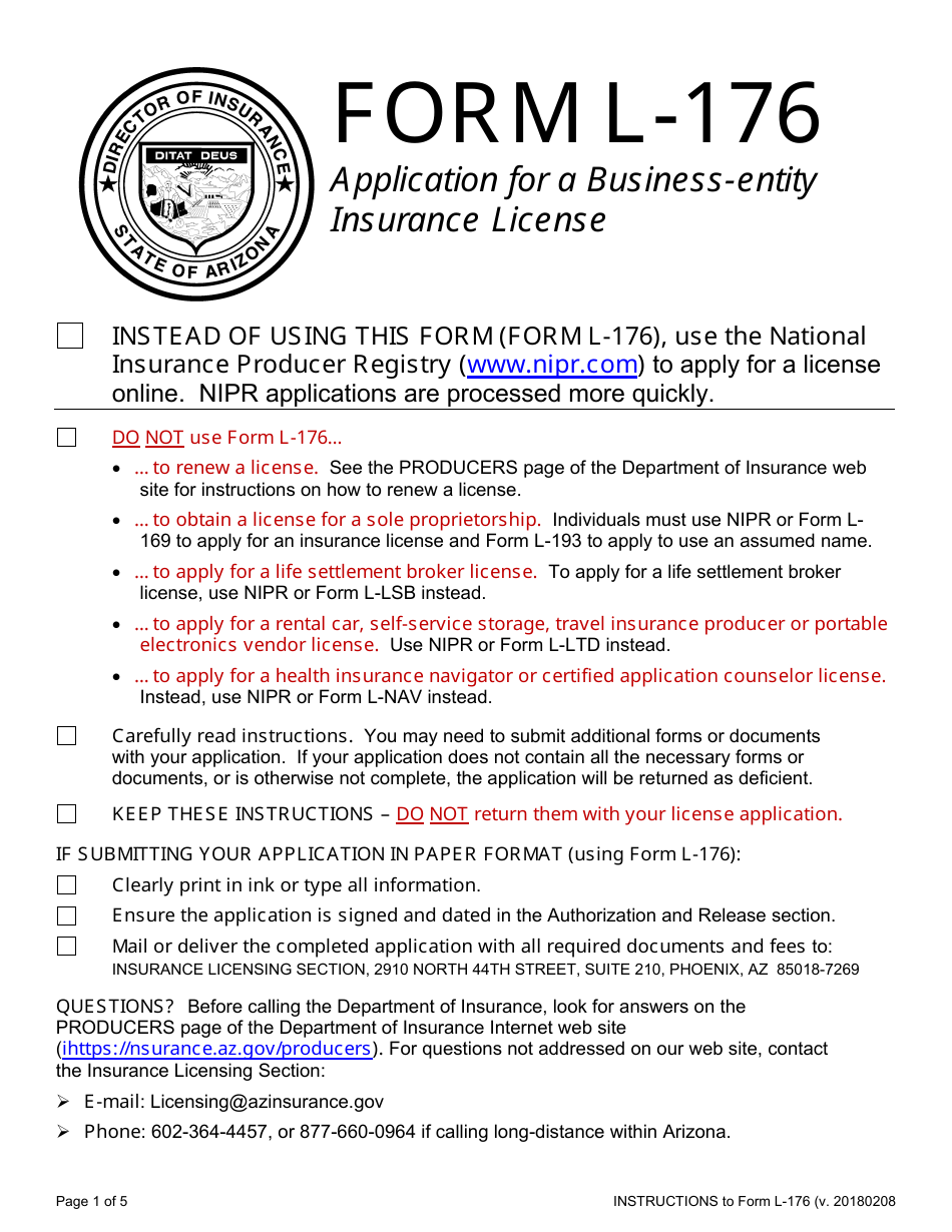 Form L-176 Application for a Business-Entity Insurance License - Arizona, Page 1