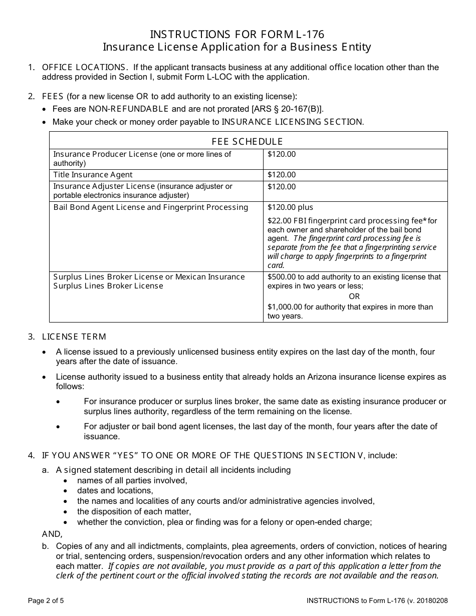 Form L-176 Application for a Business-Entity Insurance License - Arizona, Page 2